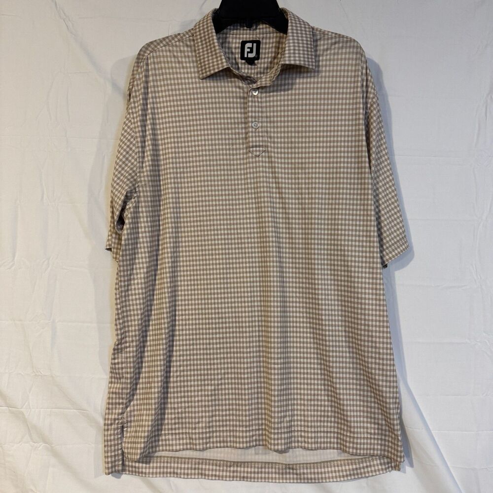 FootJoy Golf Polo Mens Large L Beige Tan White Gingham Check Performance Shirt
